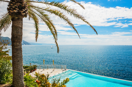 Beautiful resort with sea view in Ligurian coast, Italyの写真素材