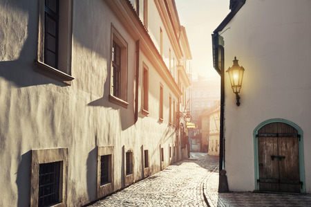 Early morning in an old street. Prague, Czech Republicの写真素材