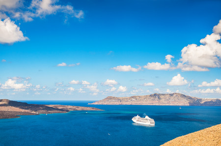 Beautiful view of the sea and islands. Santorini island, Greece.の写真素材