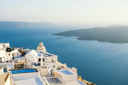 Santorini island, Greece. Beautiful landscape, sea view at sunsetの写真素材