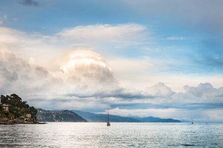 Beautiful view of the sea coast and clouds at sunset. Santa Margherita Ligure, Italyの写真素材
