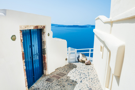 White architecture on Santorini island, Greece. Beautiful summer landscape, sea viewの写真素材