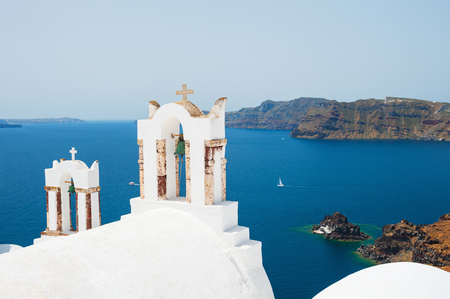 White architecture on Santorini island, Greece. Beautiful summer landscape, sea viewの写真素材