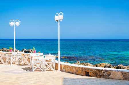 Cafe on the beach. Crete island, Greeceの写真素材