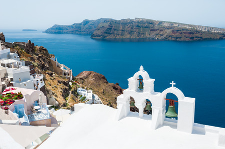 White church on Santorini island, Greece. Beautiful summer landscape, sea viewの写真素材