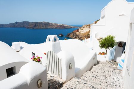 White architecture on Santorini island, Greece. Beautiful landscape, sea view.の写真素材
