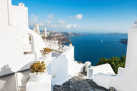 White architecture on Santorini island, Greece. Beautiful landscape at sunset, sea view.の写真素材
