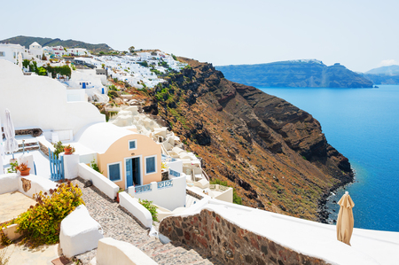 White architecture on Santorini island, Greece. Beautiful summer landscape, sea view.の写真素材