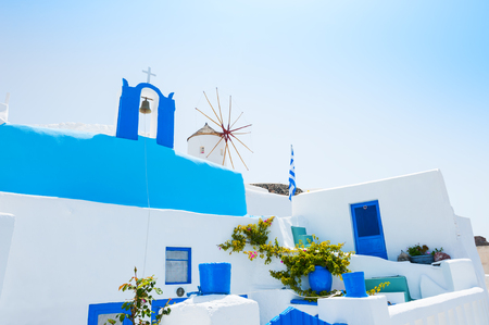White and blue architecture on Santorini island, Greece.の写真素材