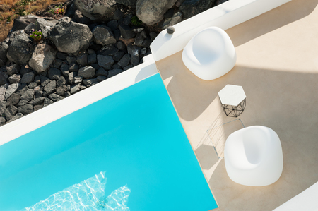 Luxury swimming pool top view. Santorini island, Greeceの写真素材