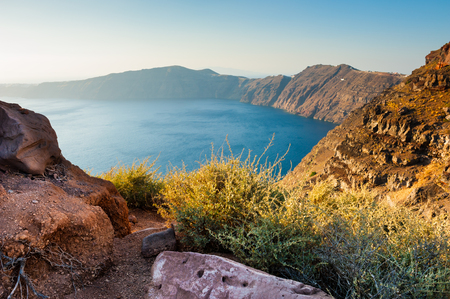 Panoramic view of Santorini island, Greece. Summer landscape, sea viewの写真素材