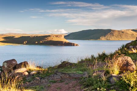 Beautiful view of the Umayo lake from Sillustani peninsula, Peruの写真素材