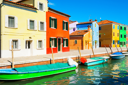 Scenic canal and colorful houses in Burano island near Venice, Italyの写真素材