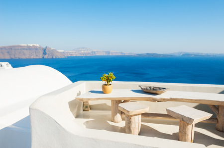 White architecture on Santorini island, Greece. Summer landscape, sea view.の写真素材
