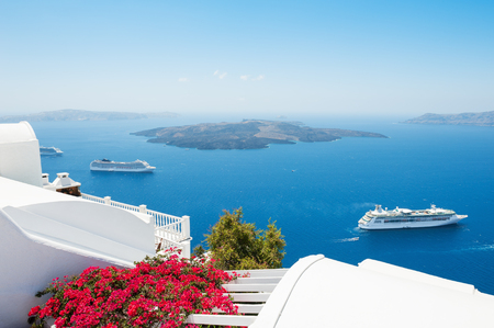 White architecture on Santorini island, Greece. Beautiful summer landscape, sea view.の写真素材