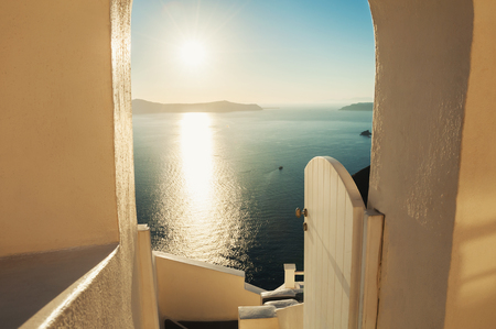 Beautiful sunset on Santorini island, Greece. Sea view. Travel and vacation の写真素材