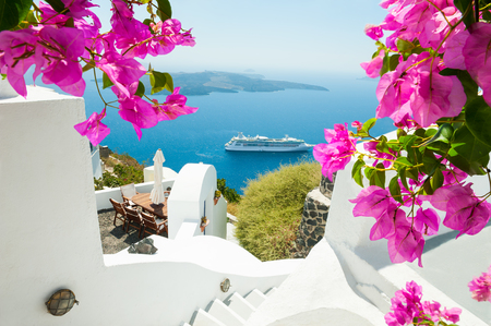 White architecture on Santorini island, Greece. Beautiful summer landscape, sea view.の写真素材