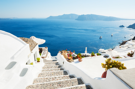 White architecture on Santorini island, Greece. Beautiful summer landscape, sea view.の写真素材