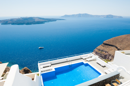 White architecture on Santorini island, Greece. Beautiful summer landscape, sea view.の写真素材
