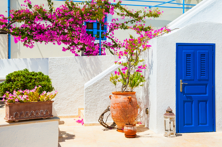 Traditional white-blue greek architecture and pink flowers. Santorini island, Greece.の写真素材