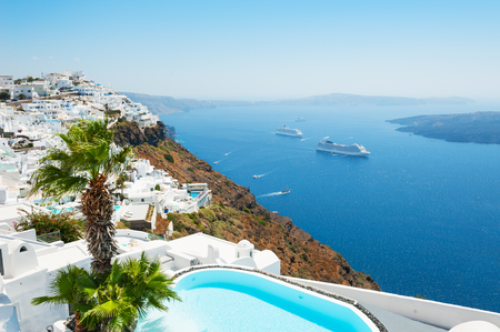 White architecture on Santorini island, Greece. Beautiful summer landscape, sea view.の写真素材