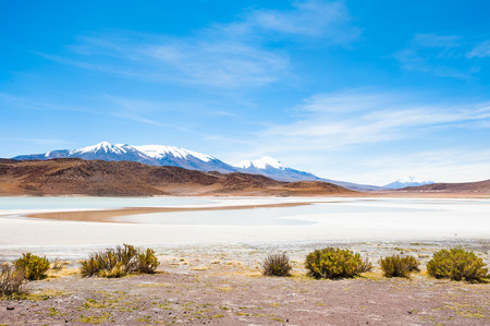High-altitude lagoon and volcano on the plateau Altiplano, Boliviaの写真素材