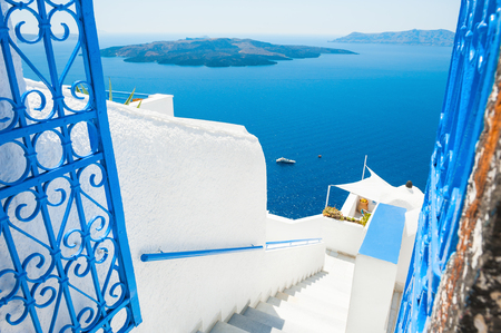 White architecture on Santorini island, Greece. Beautiful summer landscape, sea view.のeditorial素材
