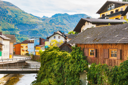 Beautiful street in Ebensee village in Austrian Alpsの写真素材