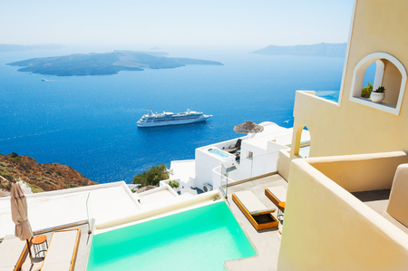 Santorini island, Greece. Famous Greek resort. Beautiful summer landscape, sea view. のeditorial素材