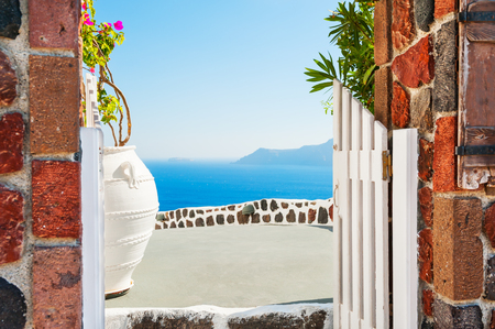 Santorini island, Greece. Beautiful terrace with sea view.の写真素材
