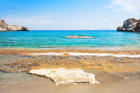 Beautiful beach with clear turquoise water and rocks. Crete island, Greece.の写真素材