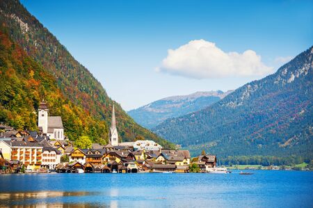 Beautiful and famous Hallstatt village in Austrian Alps の写真素材