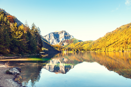 Beautiful Vorderer Langbathsee lake in Austrian Alps. Autumn landscapeの写真素材