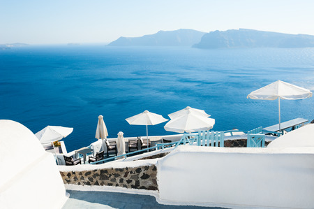 White architecture on Santorini island, Greece. Beautiful summer landscape, sea view.の写真素材