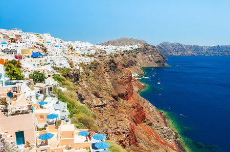 Panoramic view of Santorini island, Greece. Beautiful summer landscape, sea viewの写真素材