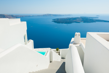 White architecture on Santorini island, Greece. Beautiful summer landscape, sea view.の写真素材