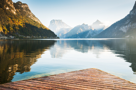 Beautiful Traunsee lake in Austrian Alps at sunriseの写真素材
