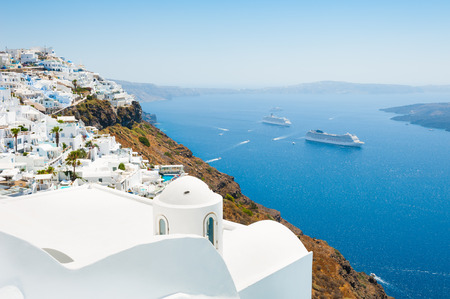 White architecture on Santorini island, Greece. Beautiful summer landscape, sea view.の写真素材