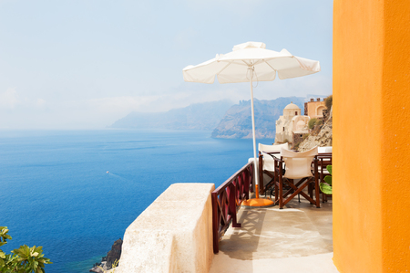 Beautiful terrace with sea view. Santorini island, Greece. の写真素材