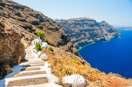 White church on the coast, Santorini island, Greece. Summer landscape, sea viewの写真素材