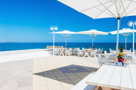 Beautiful cafe on the beach, Crete island, Greece.の写真素材