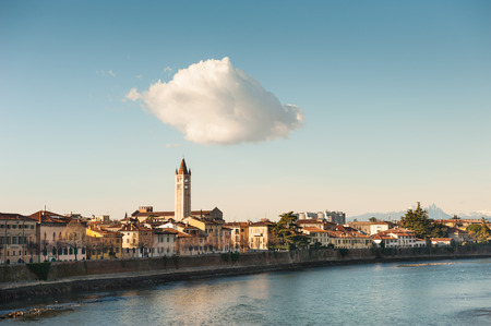 Verona, Italy. Beautiful view of the ancient buildings on Adige riverの写真素材