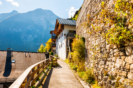 Hallstatt village in Austrian Alps. Beautiful alley with ancient architecture and mountainsの写真素材
