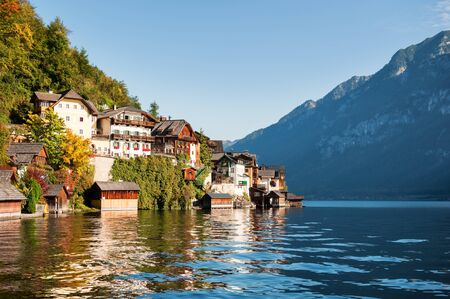 Hallstatt village and Hallstatter lake in Austrian Alpsの写真素材