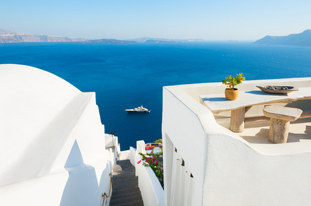 Santorini island, Greece. Beautiful terrace with sea view. の写真素材
