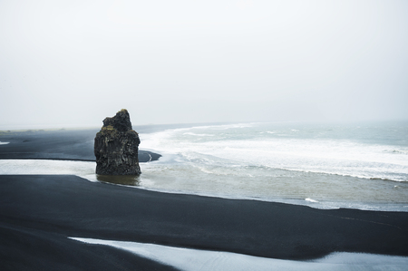 Black Reynisfjara beach and Atlantic ocean, Vik, Icelandの写真素材