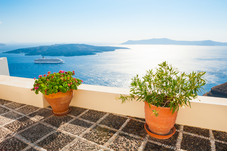Santorini island, Greece. Beautiful terrace with sea views.の写真素材