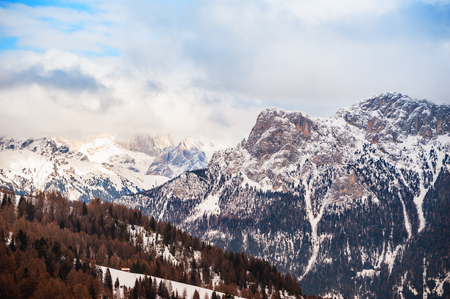 Winter Dolomite Alps at sunset. Val di Fassa ski resort, Italyの写真素材
