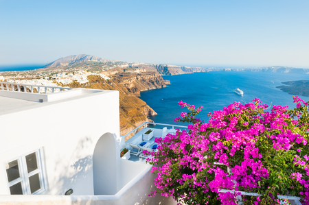 Santorini island, Greece. Beautiful terrace with pink flowers, summer landscape with sea viewの写真素材