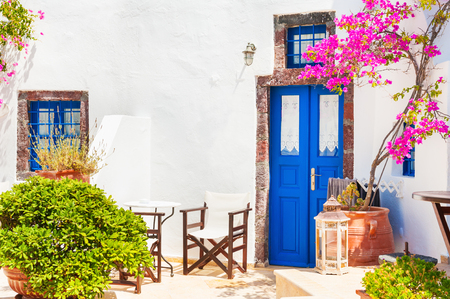 Traditional white-blue greek architecture on Santorini island, Greece.の写真素材